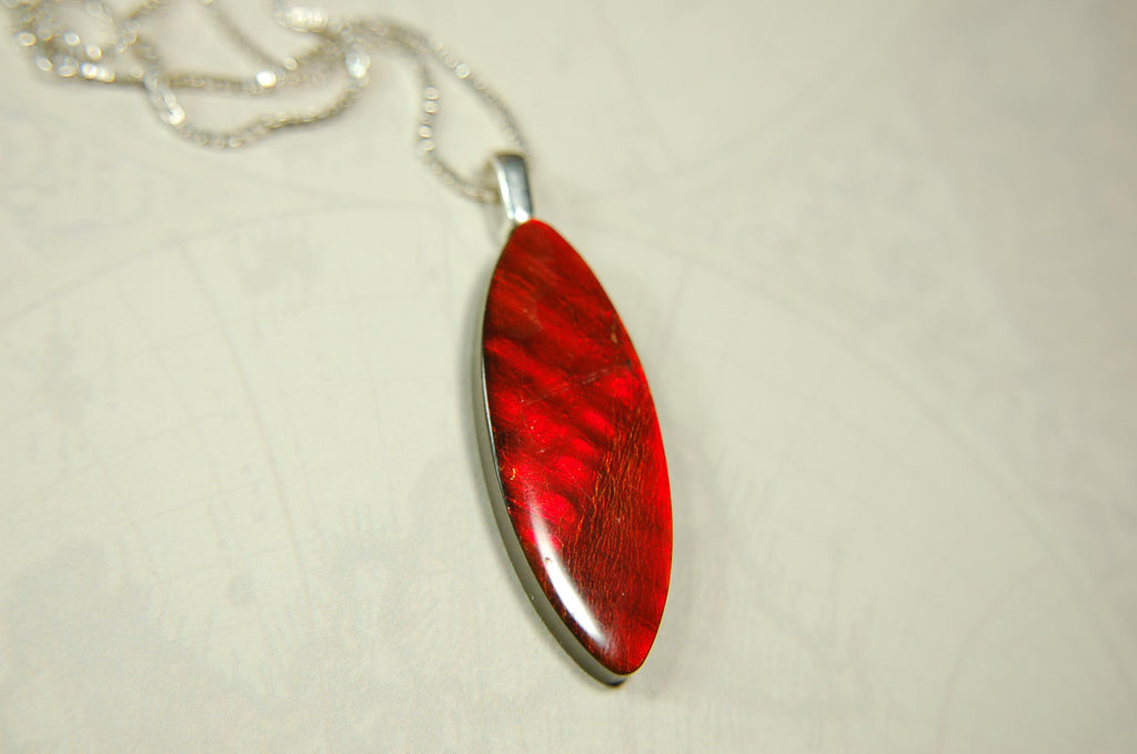 Ammolite Pendant.All natural free form cabochon set as minimalist and unisex jewelry.Rich red Jewelry.Gift idea for wife.Boho Jewelry.020815
