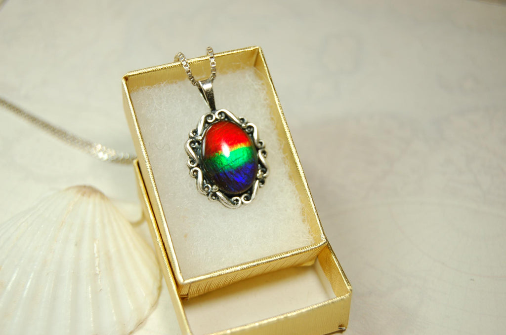 Genuine Ammolite Pendant Necklace – Canadian Fossil Gemstone – Iridescent Jewelry Gift for Her.060415