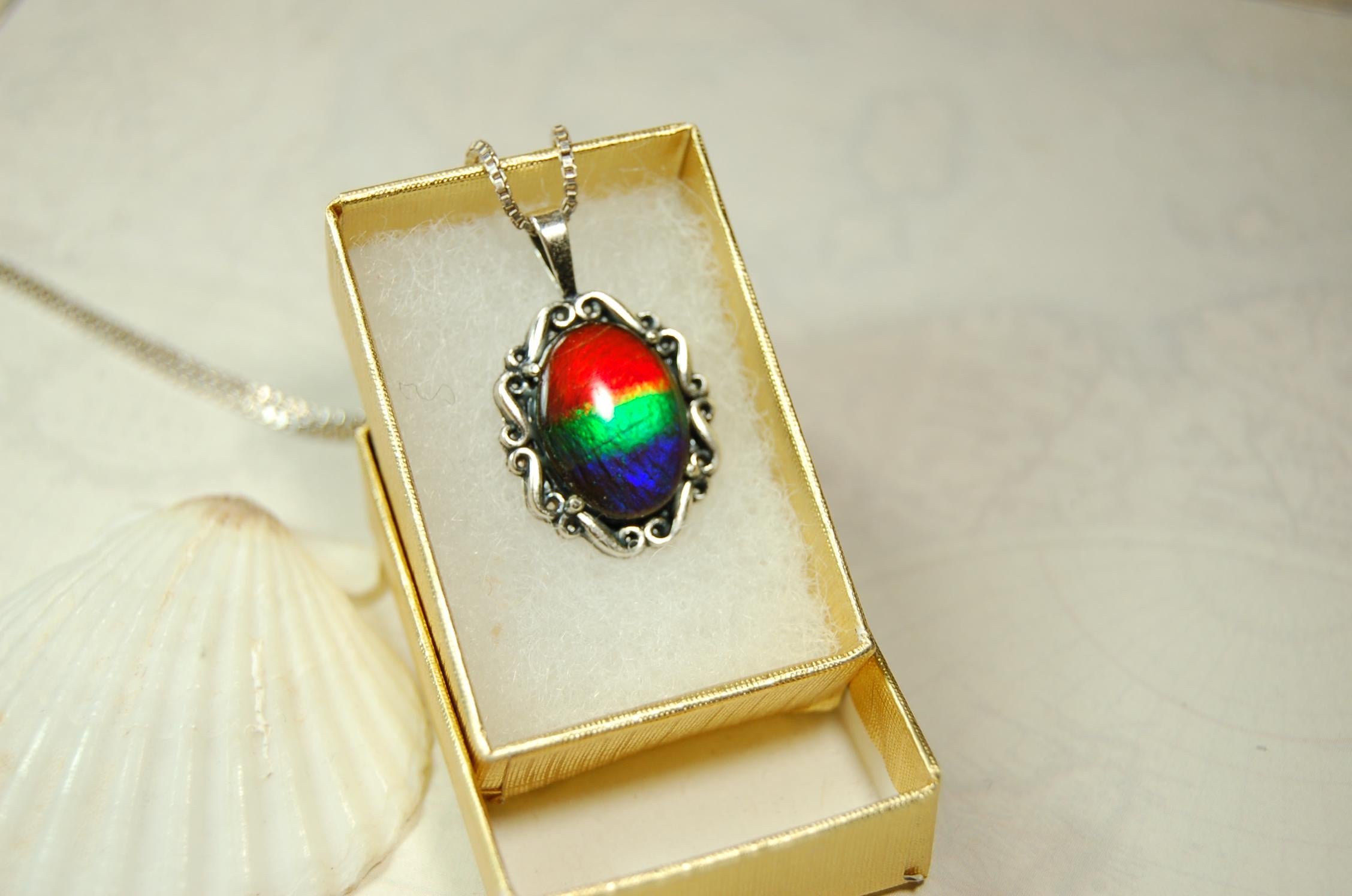 Genuine Ammolite Pendant Necklace – Canadian Fossil Gemstone – Iridescent Jewelry Gift for Her.060415
