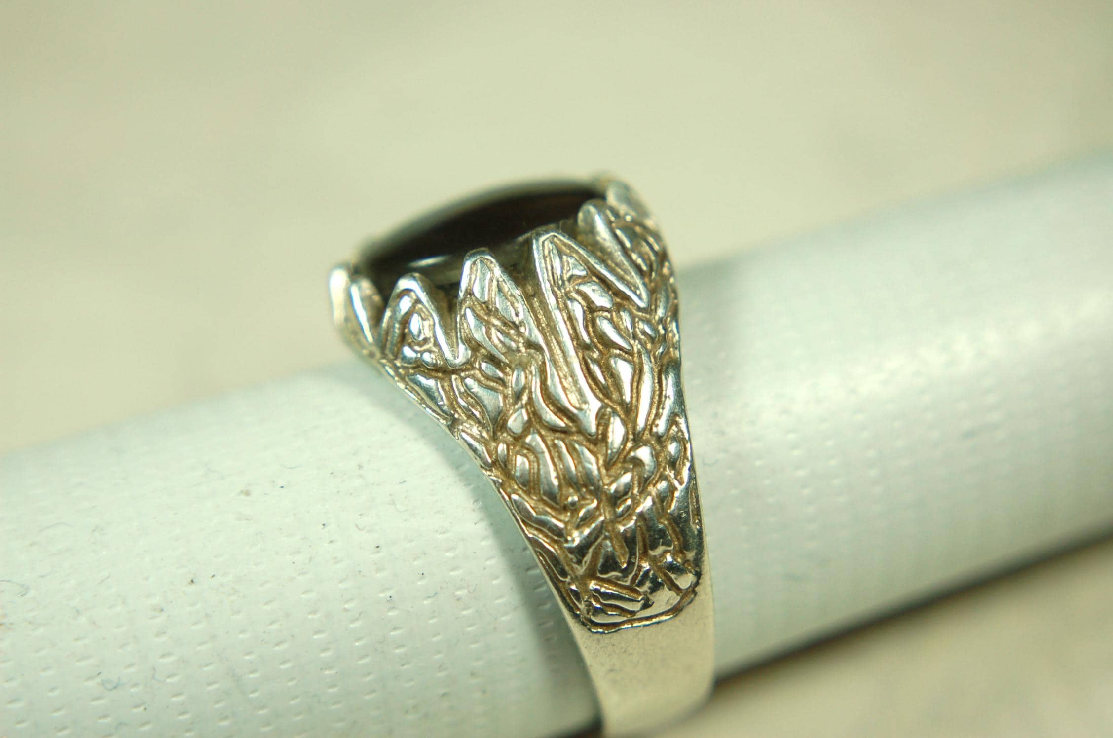 Ammolite Mens Ring of Four Colors.Size 11.Powerful Statement Ring in heavily carved Sterling Silver.Best seen in supplied video.061815