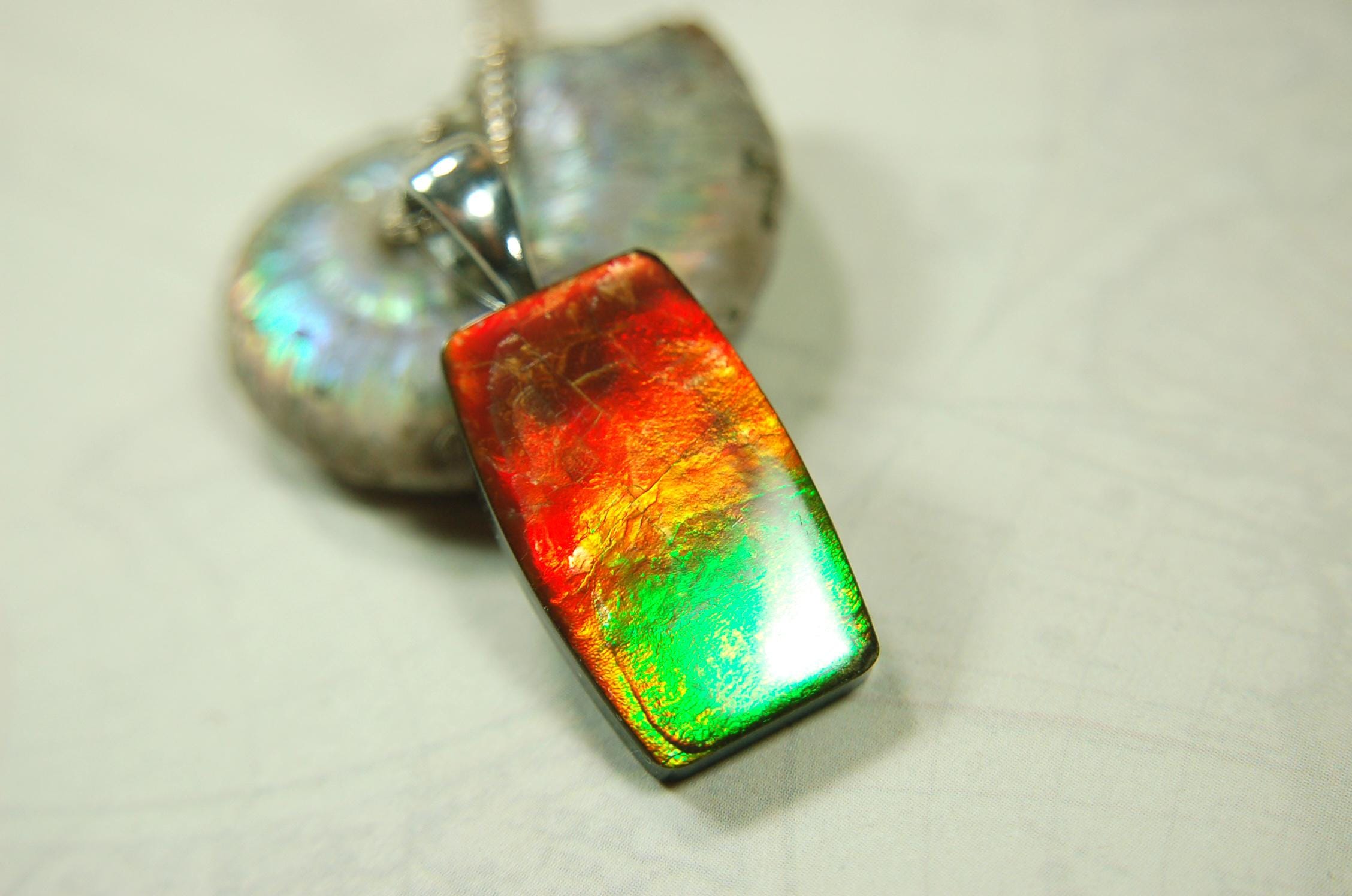 Spectacular Ammolite Pendant.Multicolor necklace.Quality Ammolite jewelry Gift.Unisex setting.Natural Cabochon Gem.MUST see video.062215