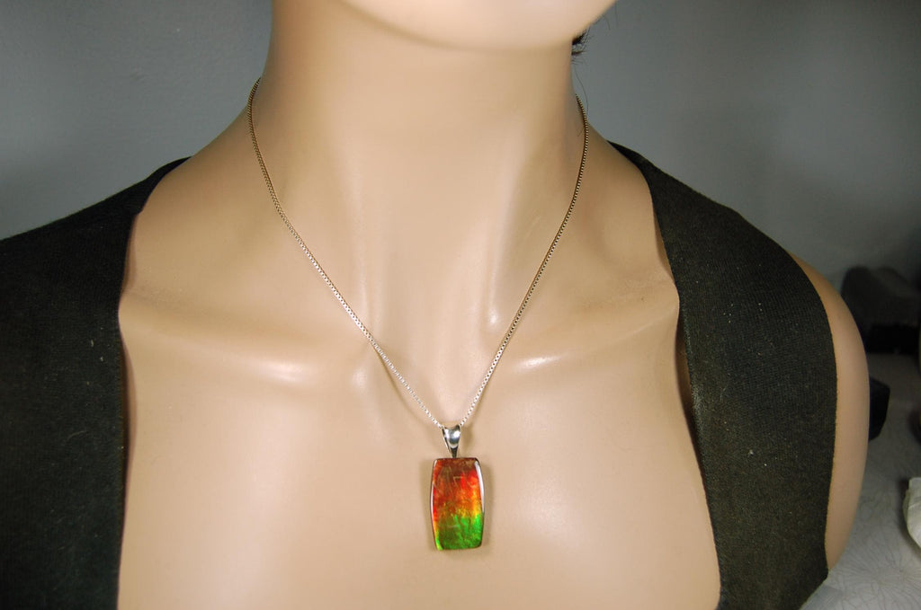 Spectacular Ammolite Pendant.Multicolor necklace.Quality Ammolite jewelry Gift.Unisex setting.Natural Cabochon Gem.MUST see video.062215