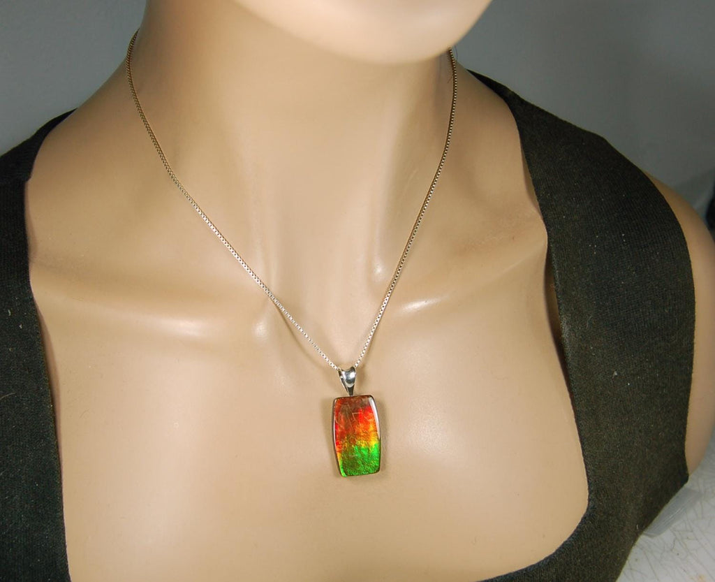 Spectacular Ammolite Pendant.Multicolor necklace.Quality Ammolite jewelry Gift.Unisex setting.Natural Cabochon Gem.MUST see video.062215