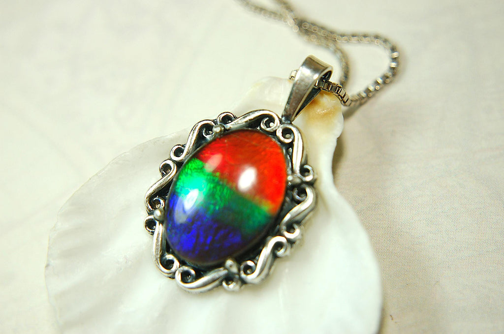 Genuine Ammolite Pendant Necklace – Canadian Fossil Gemstone – Iridescent Jewelry Gift for Her.060415