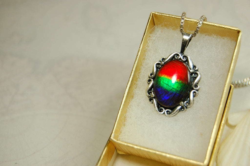 Genuine Ammolite Pendant Necklace – Canadian Fossil Gemstone – Iridescent Jewelry Gift for Her.060415