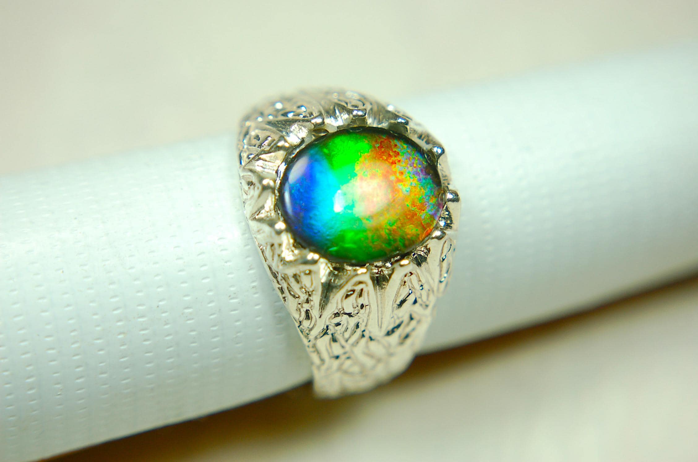 Ammolite Fire Ring – Genuine Alberta Ammolite in Size 10 Vintage-Inspired Silver Setting.Gift for husband.MUST see video.