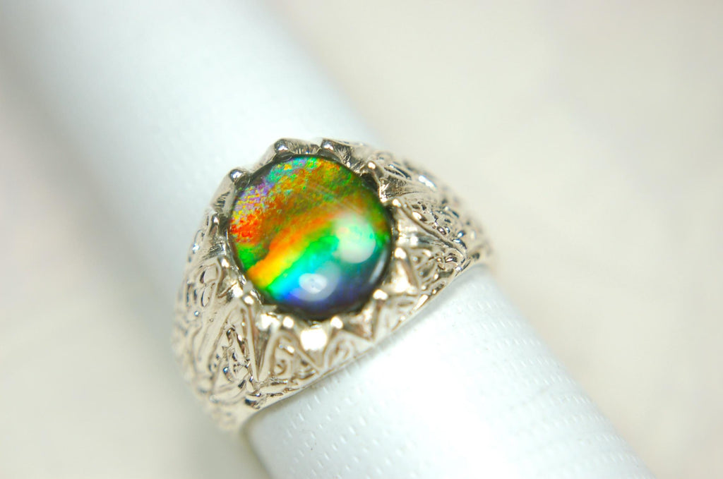 Ammolite Fire Ring – Genuine Alberta Ammolite in Size 10 Vintage-Inspired Silver Setting.Gift for husband.MUST see video.