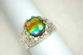 Ammolite Fire Ring – Genuine Alberta Ammolite in Size 10 Vintage-Inspired Silver Setting.Gift for husband.MUST see video.