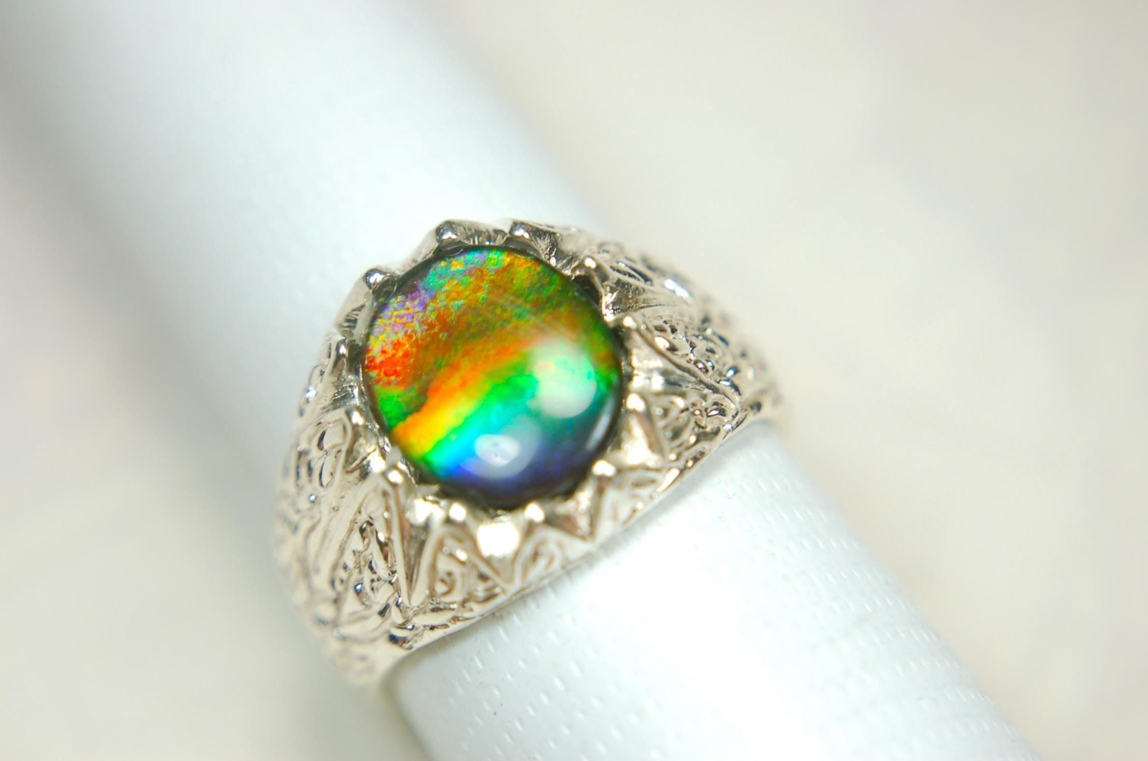 Ammolite Fire Ring – Genuine Alberta Ammolite in Size 10 Vintage-Inspired Silver Setting.Gift for husband.MUST see video.