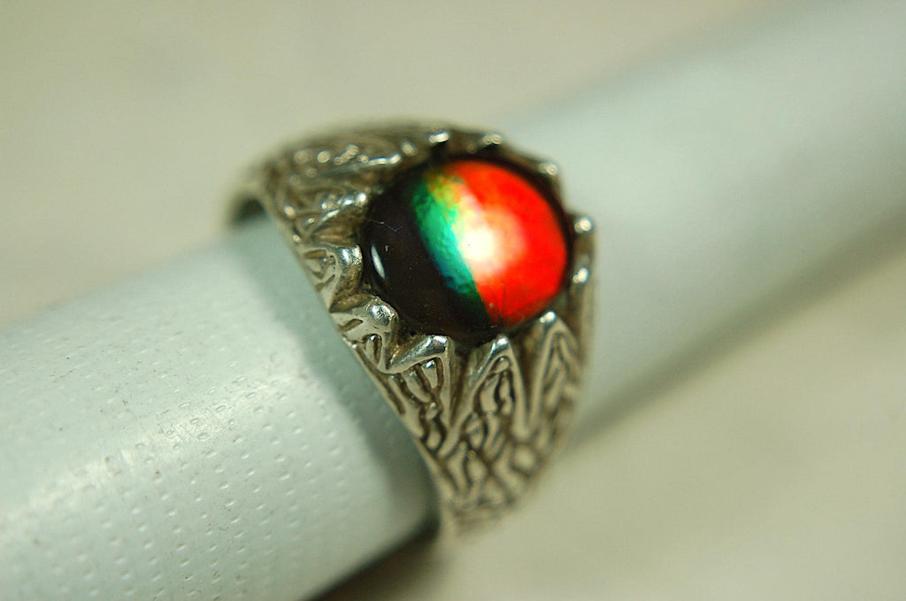 Ammolite Mens Ring of Four Colors.Size 11.Powerful Statement Ring in heavily carved Sterling Silver.Best seen in supplied video.061815