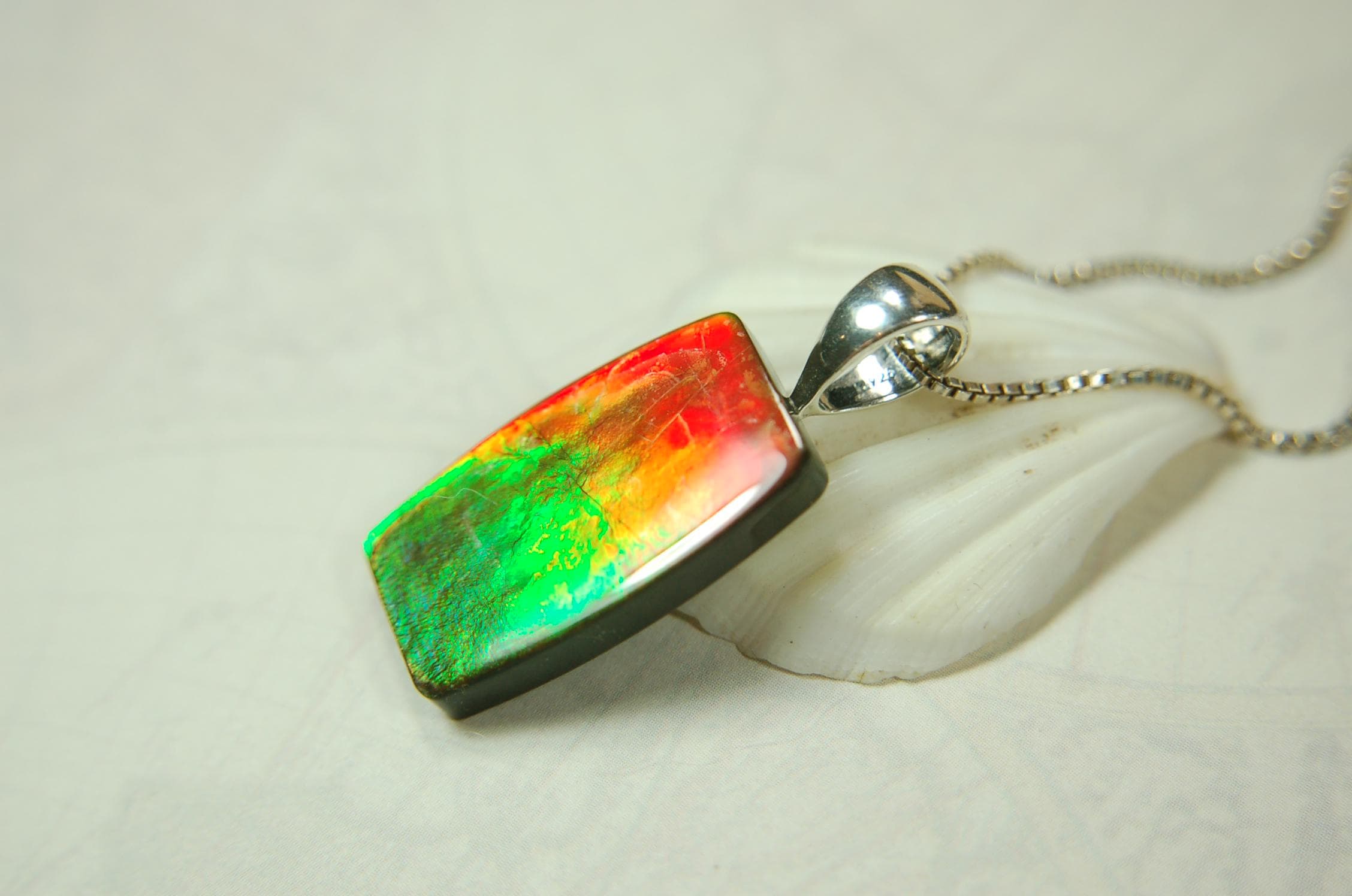Spectacular Ammolite Pendant.Multicolor necklace.Quality Ammolite jewelry Gift.Unisex setting.Natural Cabochon Gem.MUST see video.062215