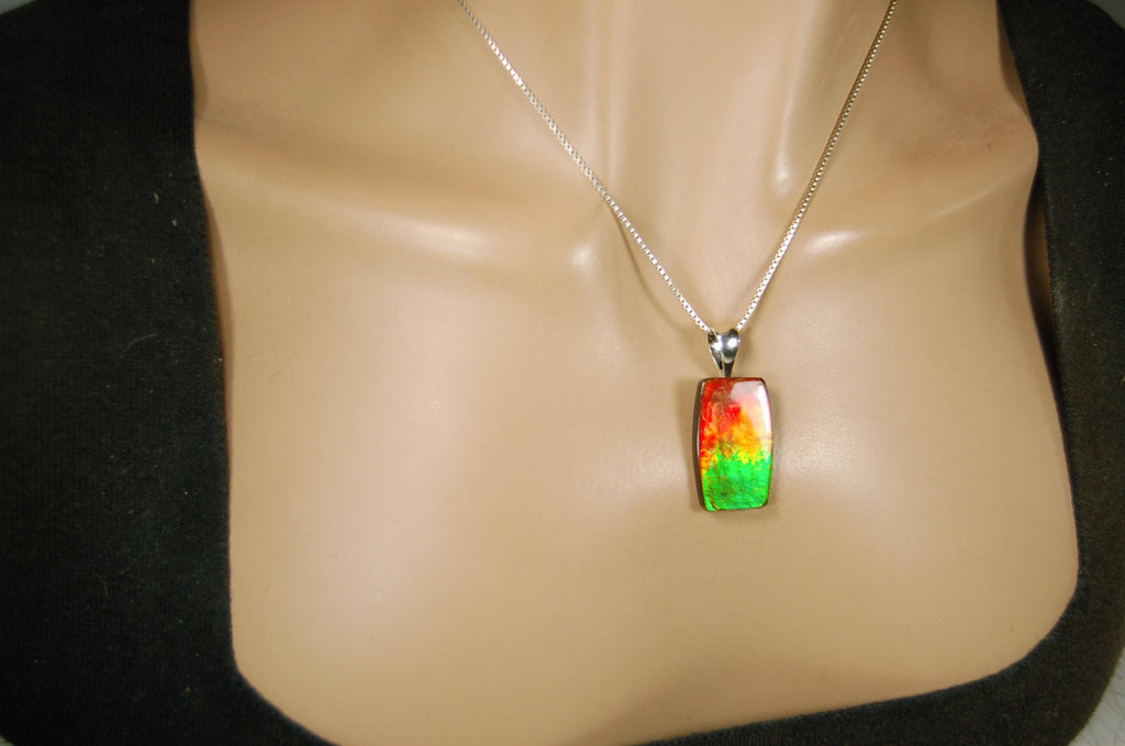 Spectacular Ammolite Pendant.Multicolor necklace.Quality Ammolite jewelry Gift.Unisex setting.Natural Cabochon Gem.MUST see video.062215