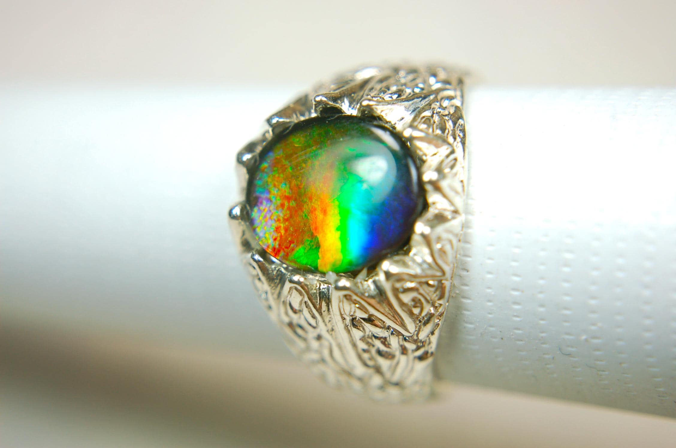 Ammolite Fire Ring – Genuine Alberta Ammolite in Size 10 Vintage-Inspired Silver Setting.Gift for husband.MUST see video.
