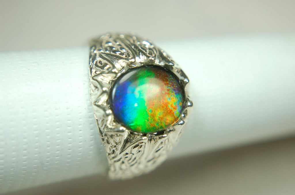 Ammolite Fire Ring – Genuine Alberta Ammolite in Size 10 Vintage-Inspired Silver Setting.Gift for husband.MUST see video.