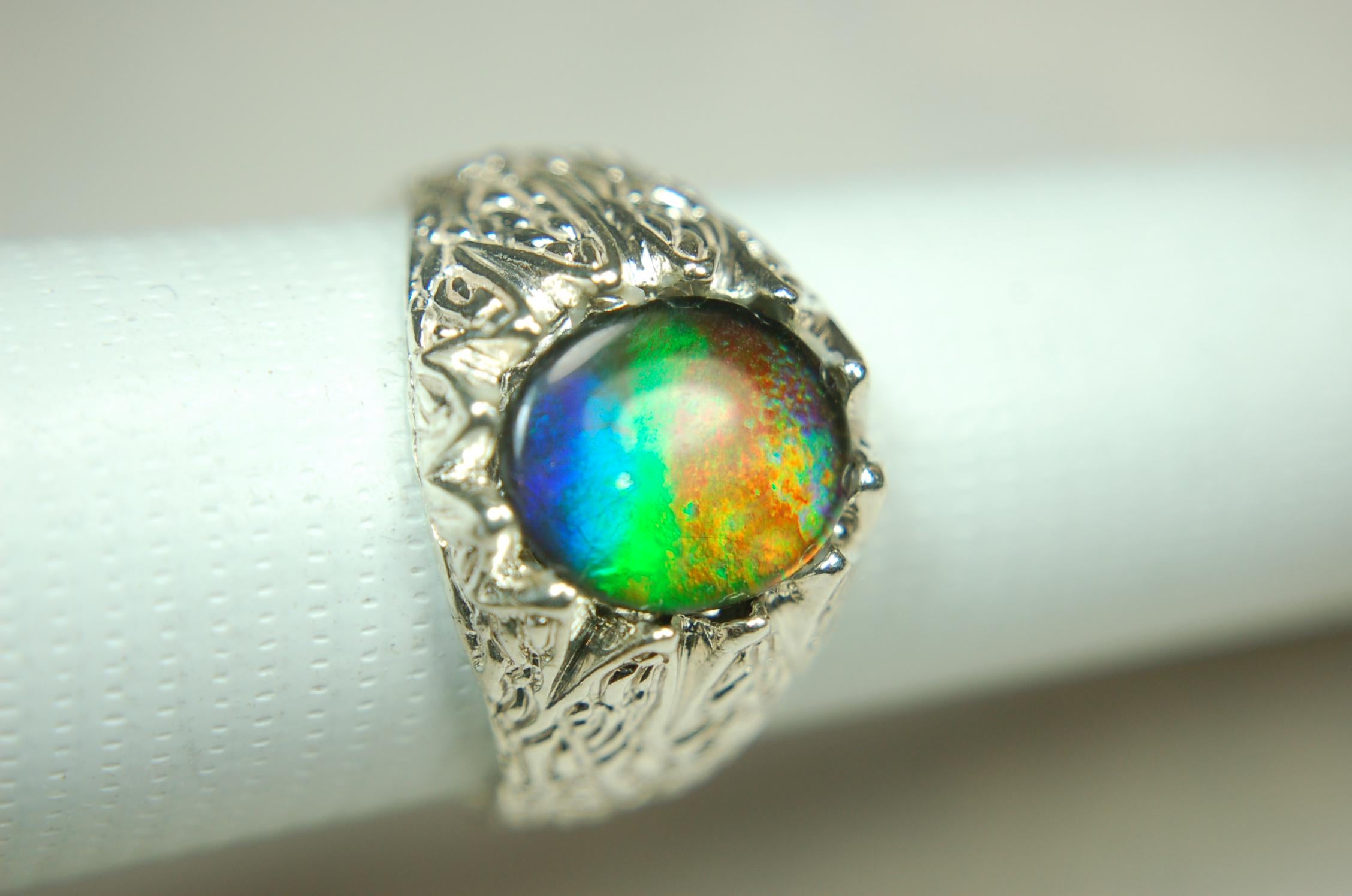 Ammolite Fire Ring – Genuine Alberta Ammolite in Size 10 Vintage-Inspired Silver Setting.Gift for husband.MUST see video.