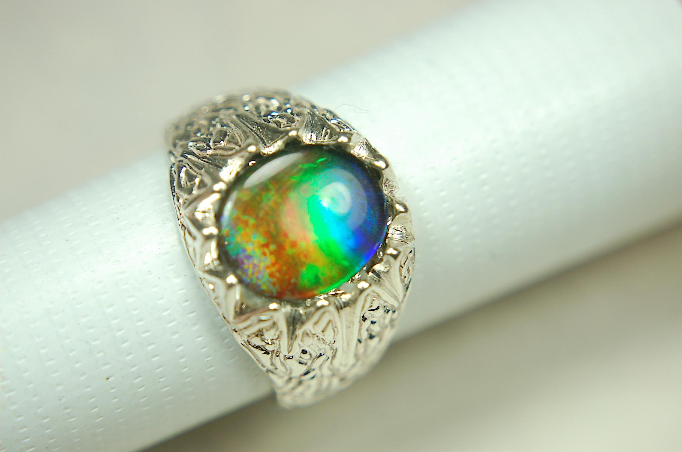 Ammolite Fire Ring – Genuine Alberta Ammolite in Size 10 Vintage-Inspired Silver Setting.Gift for husband.MUST see video.