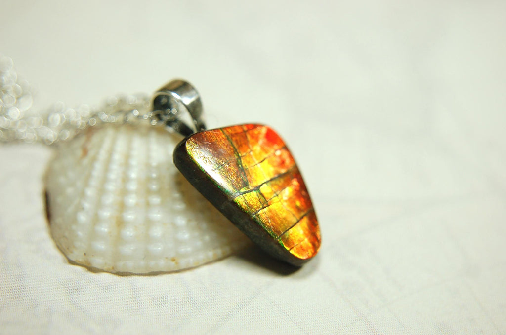 Ammolite Pendant with a gem of fire best appreciated in video.Amazing brilliance and hot colors.A big attention getter.022416