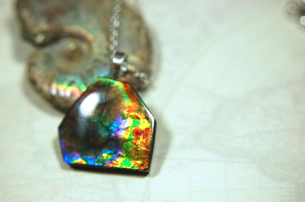 Ammolite pendant.RARE colors.Best seen in video.All natural cabochon from Alberta Canada.Thoughtful gift for her.022716
