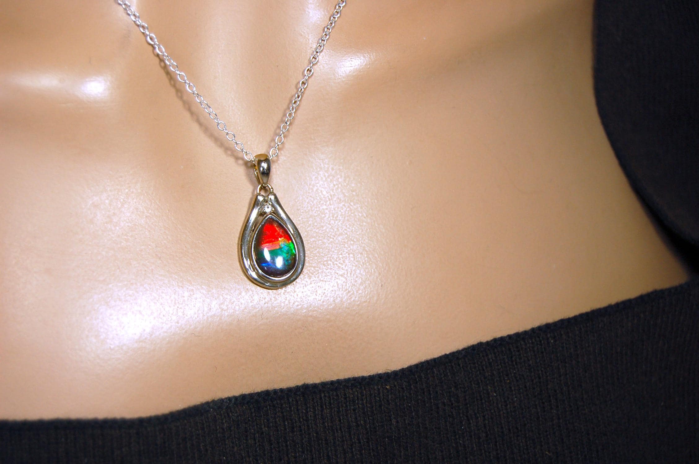 Ammolite pendant.Petite,feminine but very powerful.Rainbow color gem with sapphire.Birthday or Anniversary Gift for wife? 030416