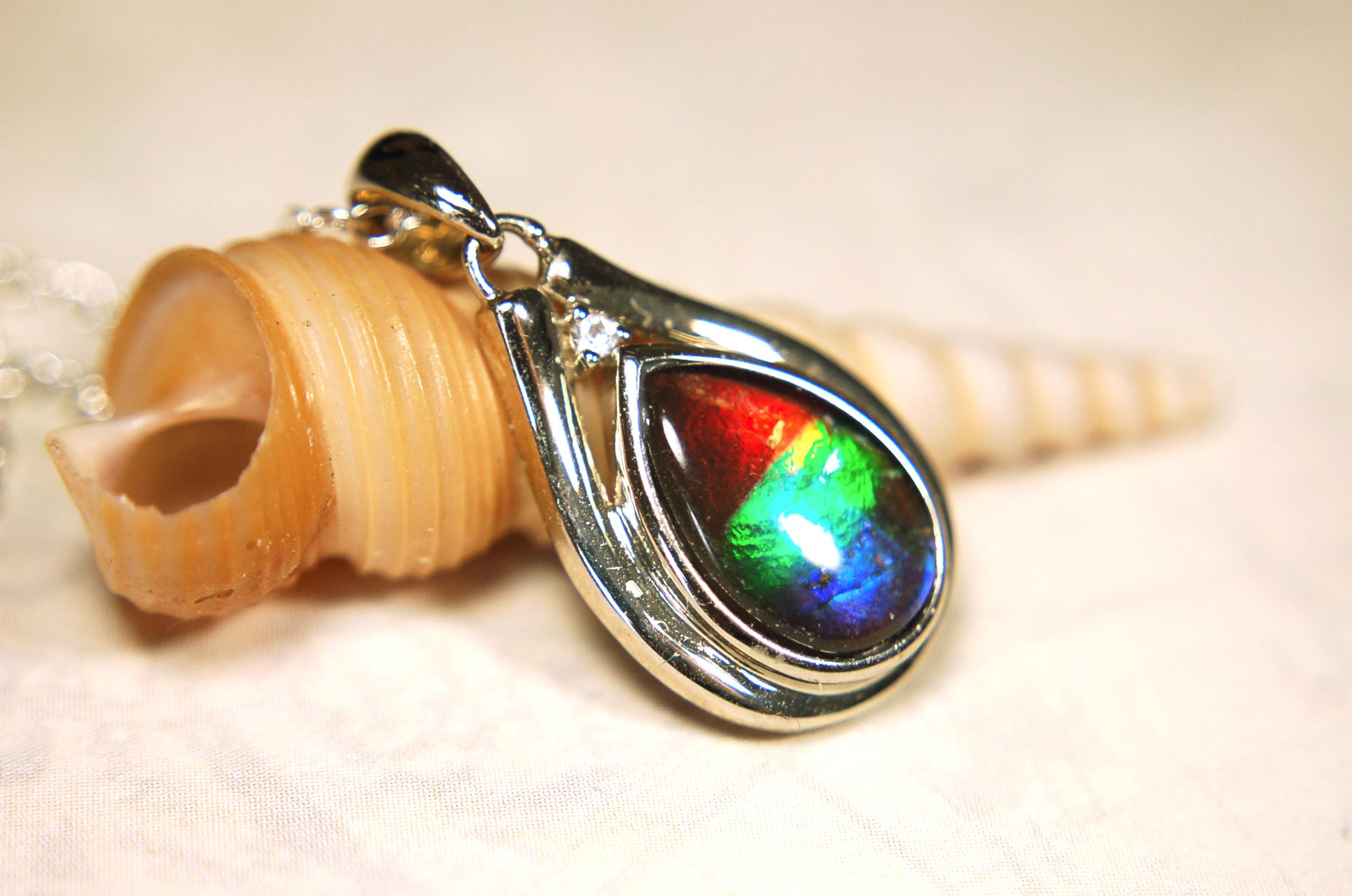 Ammolite pendant.Petite,feminine but very powerful.Rainbow color gem with sapphire.Birthday or Anniversary Gift for wife? 030416