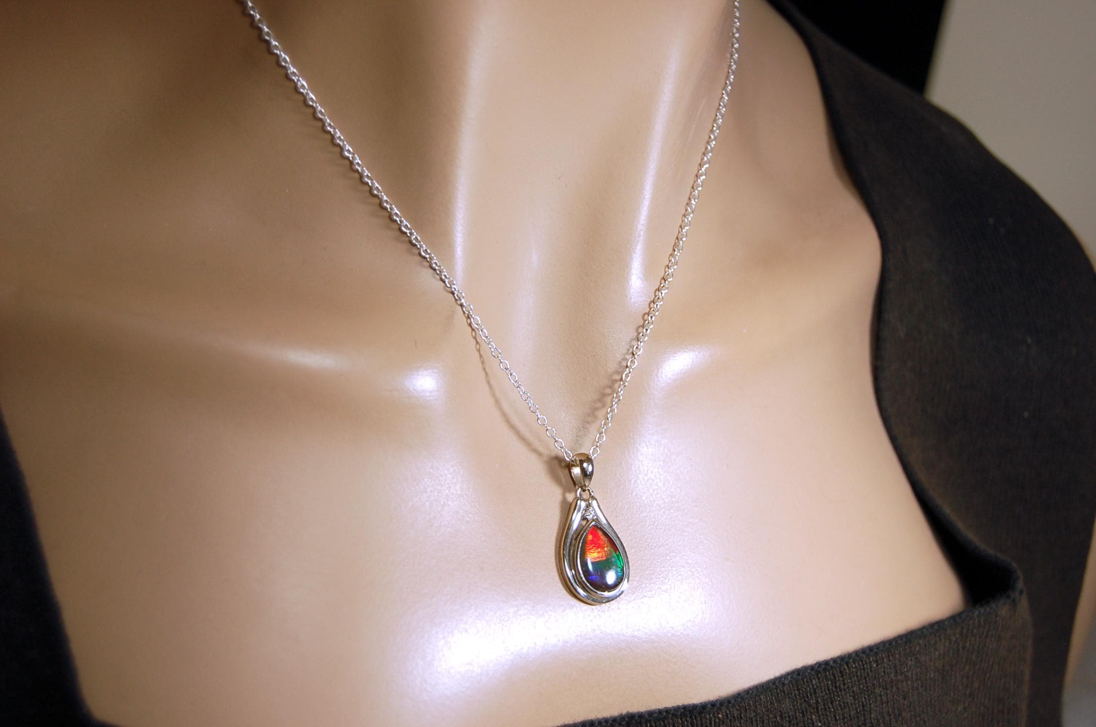 Ammolite pendant.Petite,feminine but very powerful.Rainbow color gem with sapphire.Birthday or Anniversary Gift for wife? 030416
