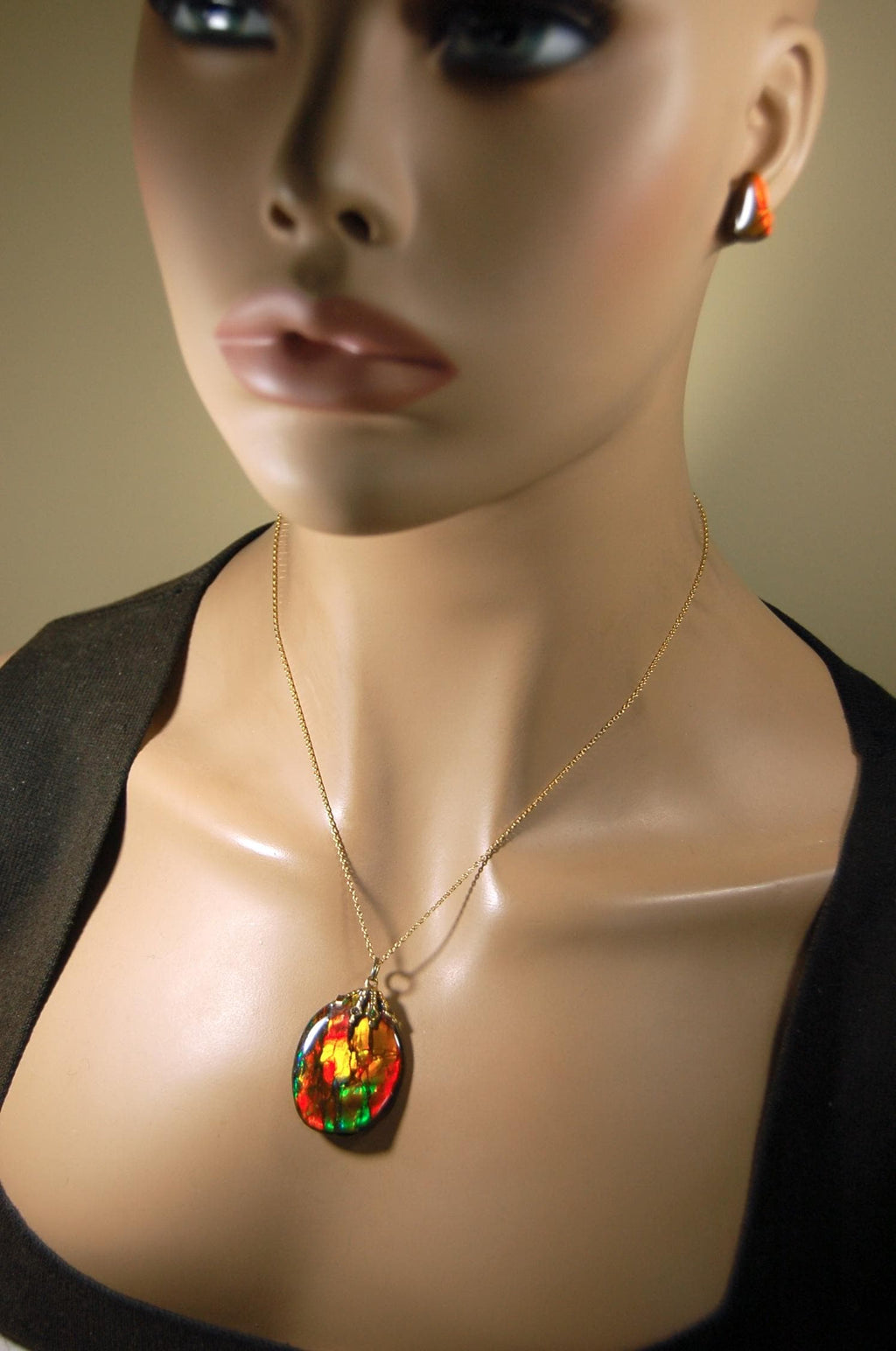 Ammolite Jewelry Set.Pendant and earrings of Natural Alberta Canada gemstones.Strong fashion statement.061516