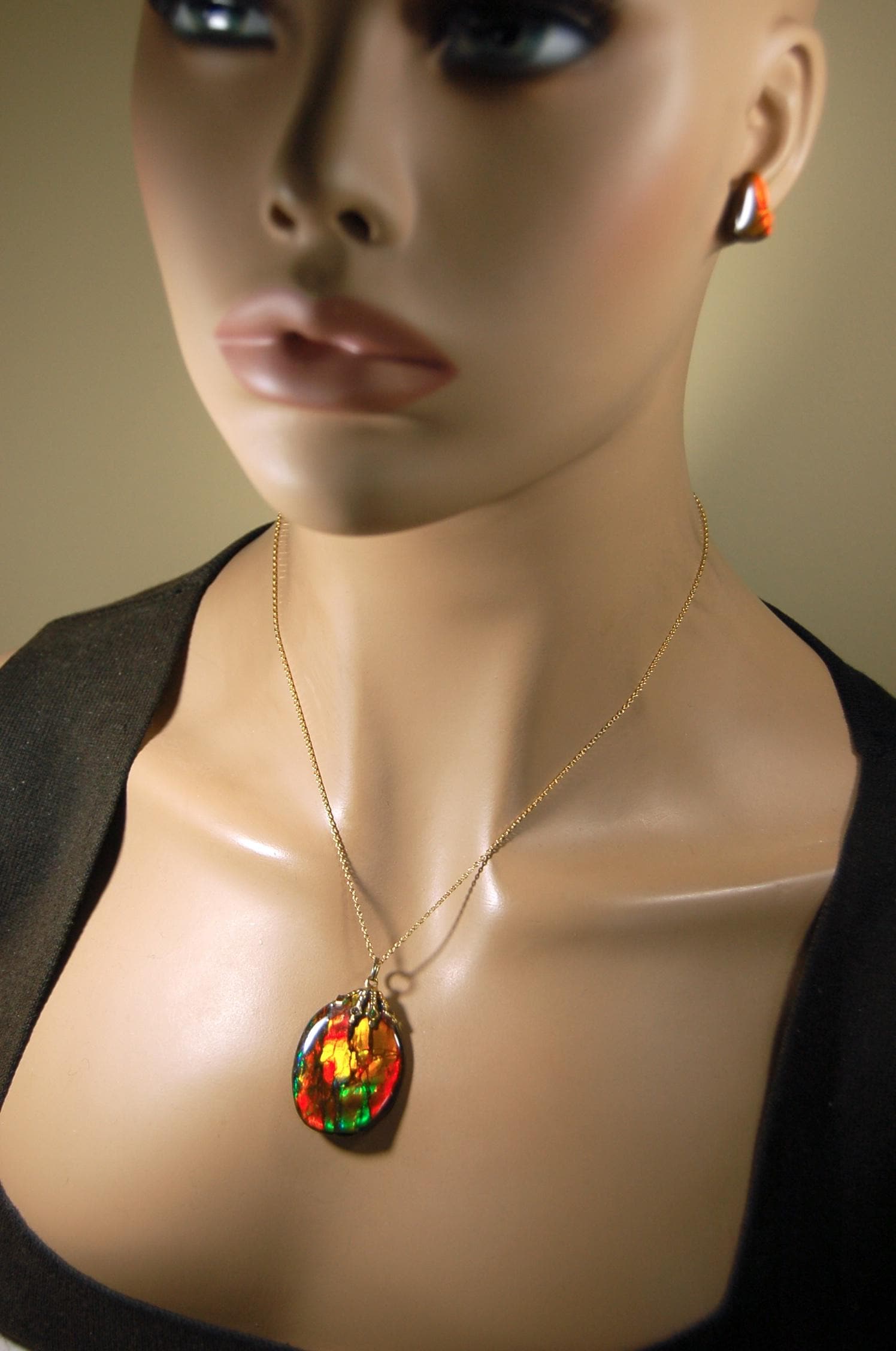 Ammolite Jewelry Set.Pendant and earrings of Natural Alberta Canada gemstones.Strong fashion statement.061516