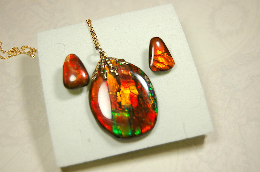 Ammolite Jewelry Set.Pendant and earrings of Natural Alberta Canada gemstones.Strong fashion statement.061516