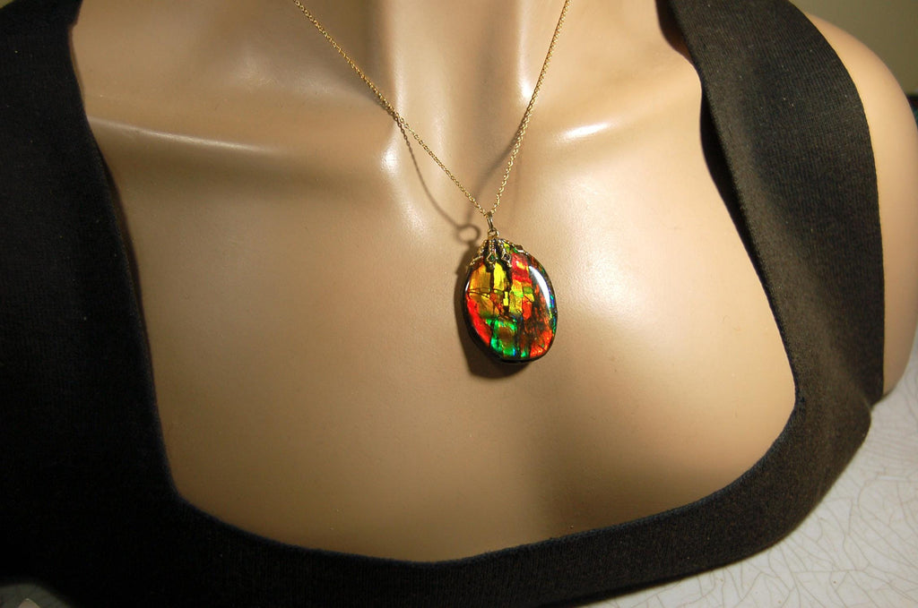Ammolite Jewelry Set.Pendant and earrings of Natural Alberta Canada gemstones.Strong fashion statement.061516