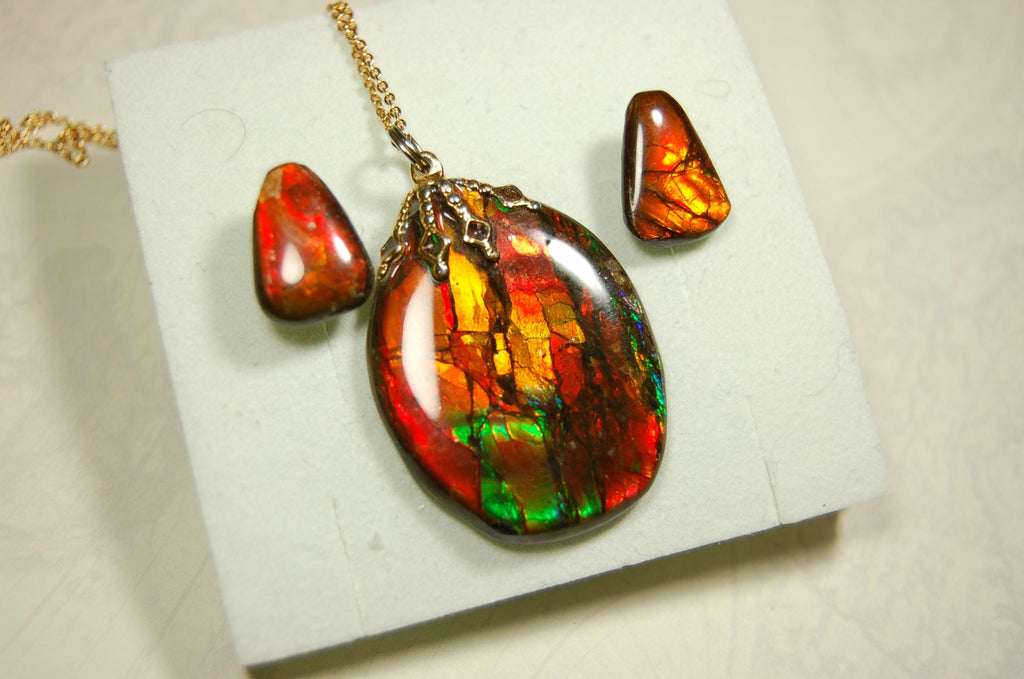 Ammolite Jewelry Set.Pendant and earrings of Natural Alberta Canada gemstones.Strong fashion statement.061516