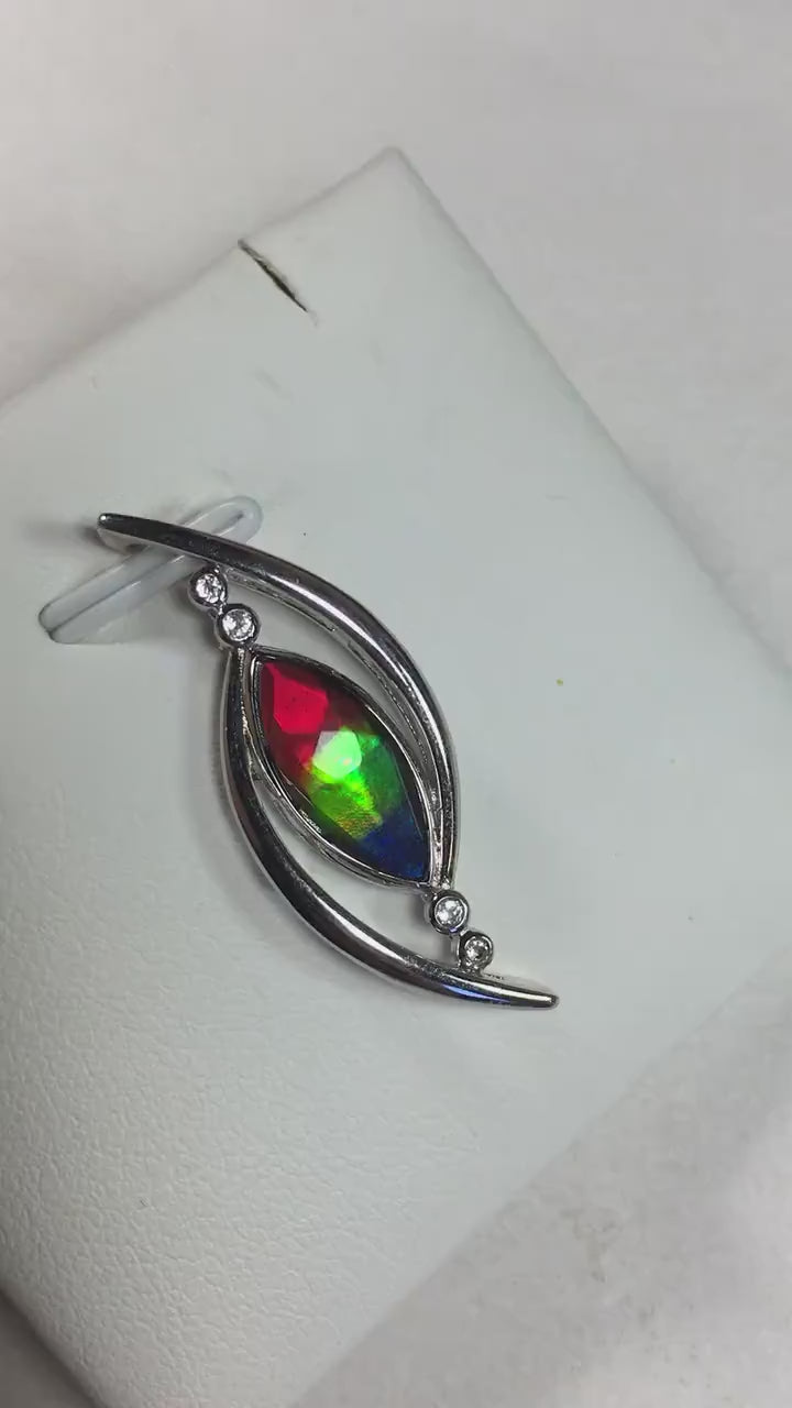 Unique Ammolite Jewelry Pendant Necklace from Canada.RARE Faceted four color gem.Perfect Gift.Bright changing colors. Elegant design 100613.