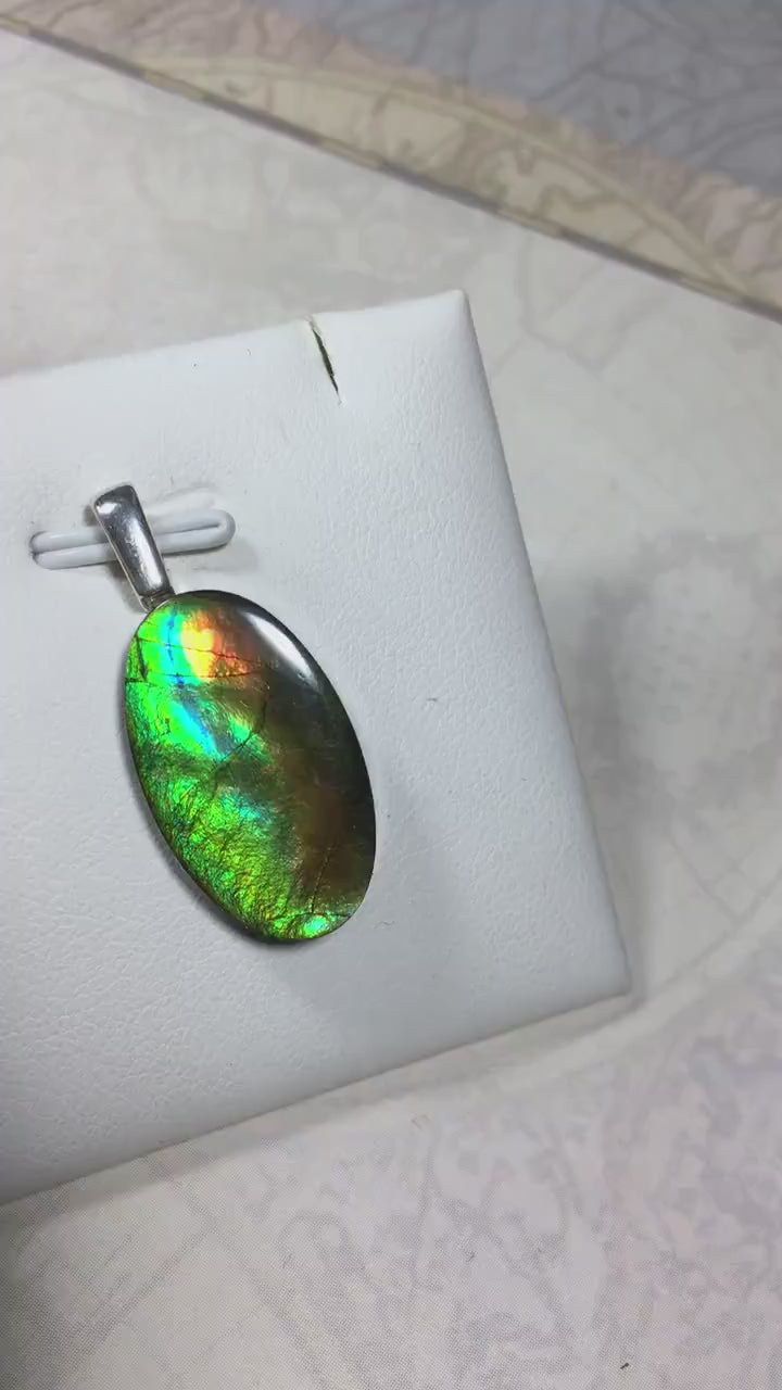Ammolite Pendant.All Natural freeform Cabochon.Amazing RARE Colors.One of a kind Jewelry.Unique gift.Unisex Minimalist Jewelry.020715