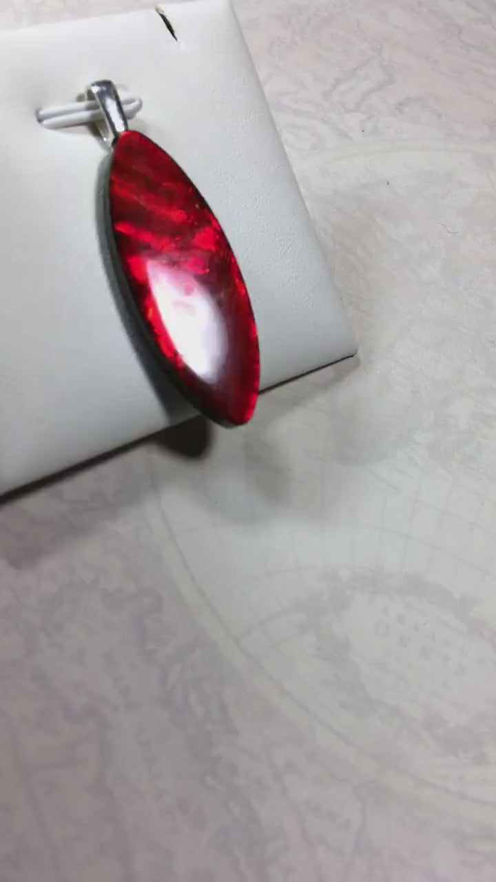 Ammolite Pendant.All natural free form cabochon set as minimalist and unisex jewelry.Rich red Jewelry.Gift idea for wife.Boho Jewelry.020815
