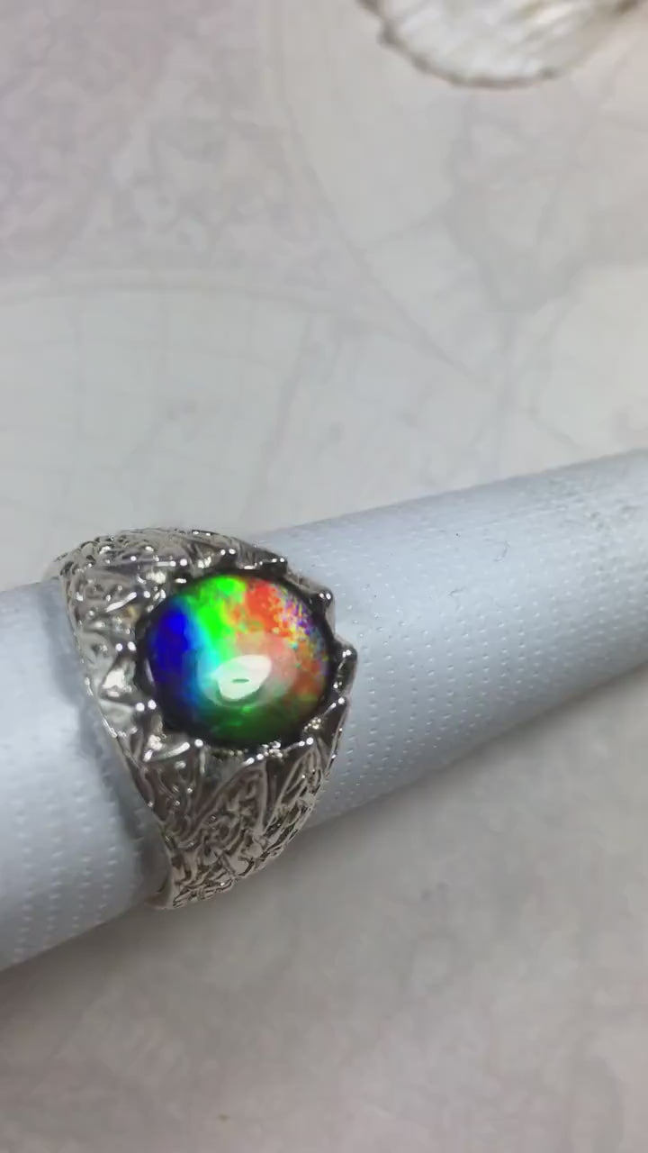 Ammolite Fire Ring – Genuine Alberta Ammolite in Size 10 Vintage-Inspired Silver Setting.Gift for husband.MUST see video.