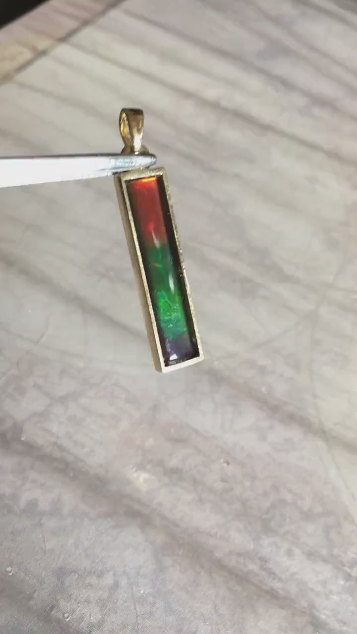 Ammolite Pendant Necklace in 14k Gold.A column of RARE ammolite rainbow colors.Minimalist and Unisex Jewelry.052512