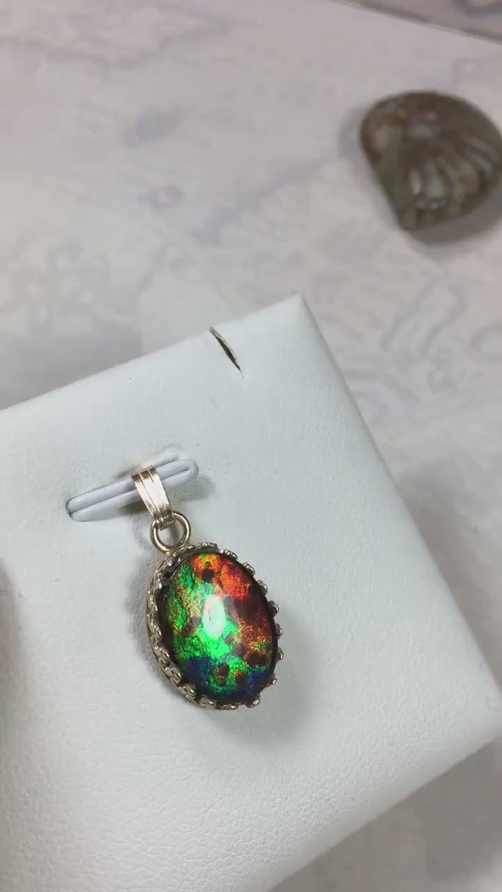 Luxurious Ammolite Pendant in 14k GOLD- A Unique Piece of Natural Beauty.The Perfect Gift for Her.MUST see VIDEO.#081710"