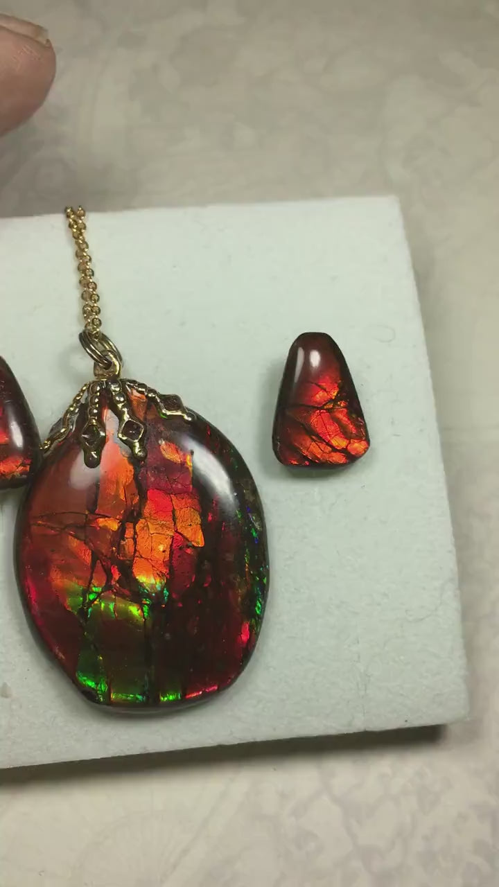 Ammolite Jewelry Set.Pendant and earrings of Natural Alberta Canada gemstones.Strong fashion statement.061516
