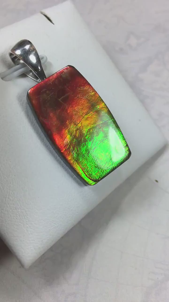 Spectacular Ammolite Pendant.Multicolor necklace.Quality Ammolite jewelry Gift.Unisex setting.Natural Cabochon Gem.MUST see video.062215