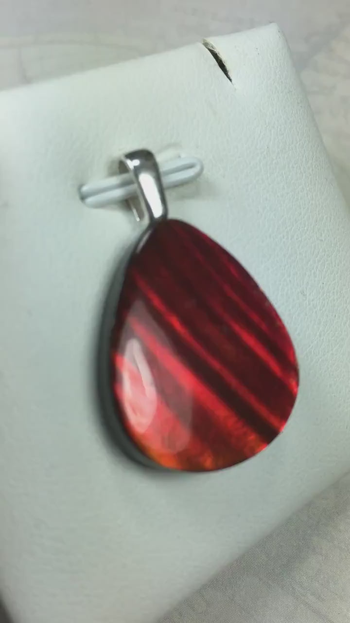 Red Ammolite Pendant with Tiger Stripes.Gift for wife.Brilliant color changing gem.All Natural Cabochon gem.MUST see video.062325